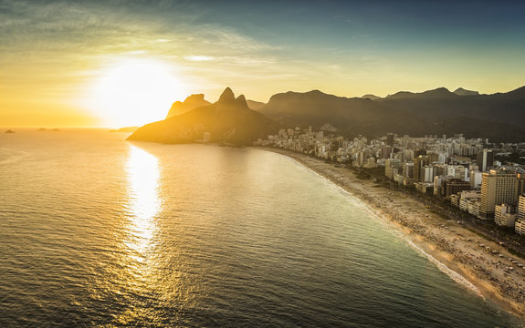 Aerial view of sunset on the beach in Rio De Janeiro, Brazil