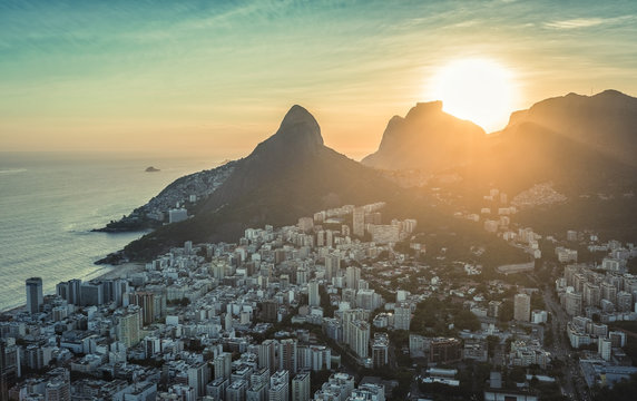 Aerial view of sunset behind the mountains in Rio De Janeiro