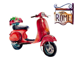 Watercolor Vintage Hippie travel scooter,  isolated on white