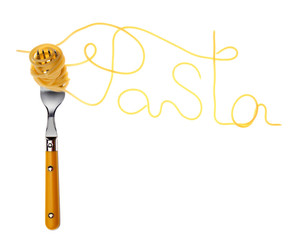 Pasta word written with cooked spaghetti and fork, isolated on white