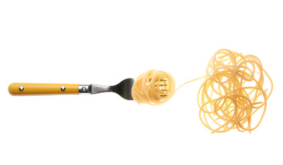 Cloud made of cooked spaghetti and fork, isolated on white