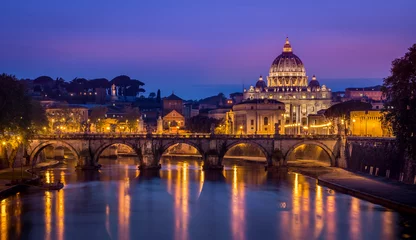 Glasschilderij Artistiek monument Nachtmening van Basiliek St. Peter en Sant Angelo-brug Rome, Italië, Europa