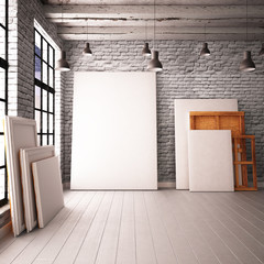 interior with a window in the loft-style with posters and paintings. 3d