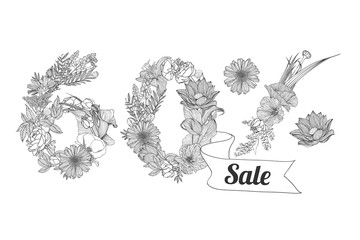 sixty (60) percents sale. Vector floral linear digits