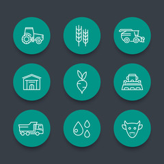 Agriculture, farming line icons, tractor, agrimotor, harvest, cattle, agricultural machinery round green icons set, vector illustration