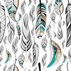 Fototapeta na wymiar Tribal boho style feather seamless pattern