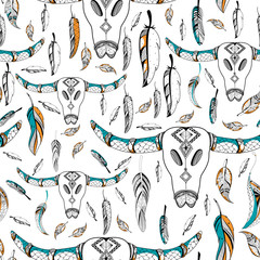 Obraz premium Skull of bull in Tribal boho style seamless pattern