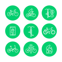 Cycling line icons, cyclist, bicycle, bike repair, round green icons on white, vector illustration