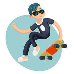 Cartoon Hipster Geek Scater Jump Skateboard Summer Character Icon on Stylish Background Design Vector Illustration