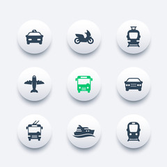 Passenger transport icons, public transportation vector, bus, subway, tram, taxi, airplane, ship, round modern icons set, vector illustration