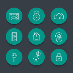 Real estate line icons, mortgage, key, rent, loan, building, rental, house for sale, property round green icons, vector illustration
