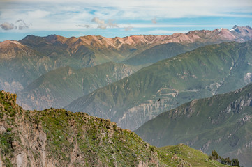 Adean condor flying over beautiful view of Adean Moutain, Colca