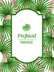 Fototapeta na wymiar Paradise card with palms leaves. Decorative image tropical leaf of palm tree Livistona Rotundifolia. Image for holiday invitations, greeting cards, posters, brochures and advertising booklets
