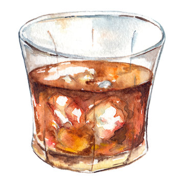 Watercolor rum whiskey ice alcohol cocktail isolated