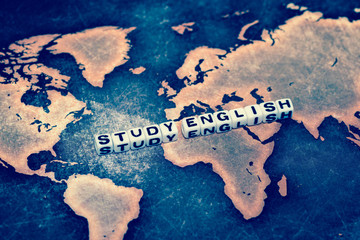 STUDY ENGLISH on grunge world map