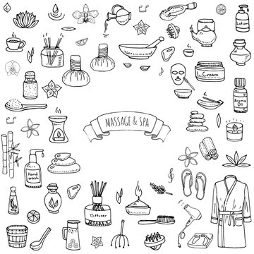 Hand drawn doodle Massage and Spa icons set Vector illustration relaxing symbols collection Cartoon beauty care concept elements health care Wellness treatment Body massage Lifestyle Skin care Spa
