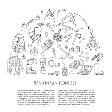 Set of hand drawn camping equipment symbols and icons, hiking, mountain climbing and camping doodle elements, vector illustration, camp clothes, shoes, gear and camp associated things