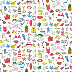 Seamless summertime traveling background Hand drawn doodle summer set icons Vector illustration Sketchy summer holiday elements collection Isolated vacation objects Cartoon summer beach journey symbol