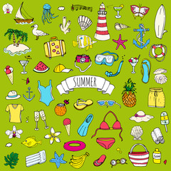 Hand drawn doodle summer set icons Vector illustration Sketchy summer holiday elements collection Isolated vacation objects Cartoon summer beach journey symbols Summertime traveling background
