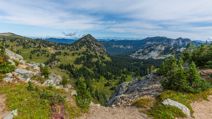 Summer landscape in mountains. Rocky mountains that propped up the sky. BERKELEY PARK TRAIL, Sunrise Area, Mount Rainier National Park