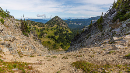 Summer landscape in mountains. Rocky mountains that propped up the sky. BERKELEY PARK TRAIL, Sunrise Area, Mount Rainier National Park