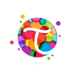 T letter logo in circle with rainbow dots.