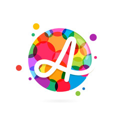 Letter A logo in circle with rainbow dots.