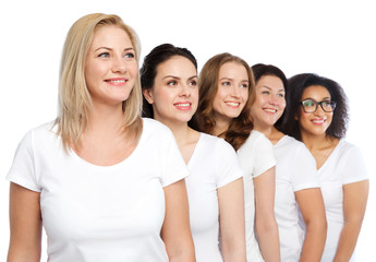 group of happy different women in white t-shirts