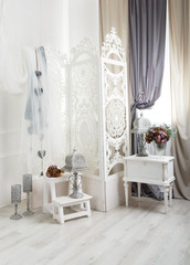 Shabby chic white room interior, wedding decor.