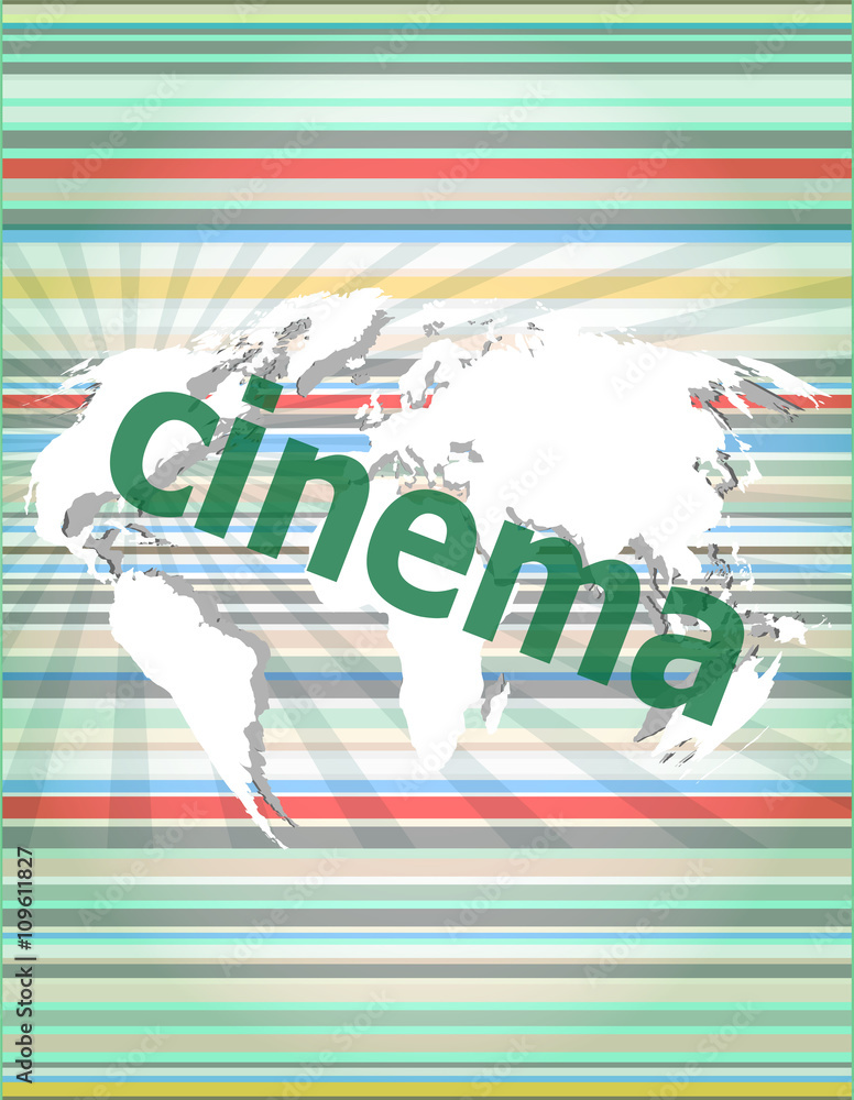 Aufkleber cinema word on digital screen with world map vector quotation marks with thin line speech bubble. co