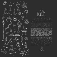 Hand drawn doodle Magic set Vector illustration wizardy, witchcraft symbols Isolated icons collections Cartoon sorcery concept elements Magic wand Love potion Fairy book Fairy tale Snake Crystal ball