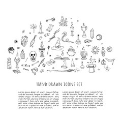 Hand drawn doodle Magic set Vector illustration wizardy, witchcraft symbols Isolated icons collections Cartoon sorcery concept elements Magic wand Love potion Fairy book Fairy tale Snake Crystal ball