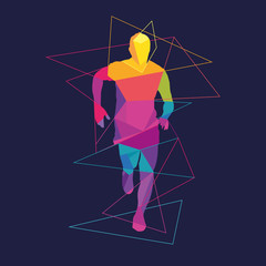 Vector image. Runner silhouette multicolored polygons geometric shapes