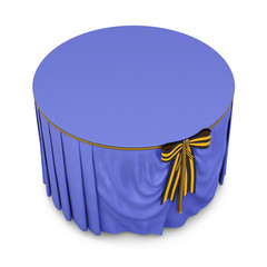 Blue tablecloth on round table isolated on white background. With bow.  Bow color of victory. 3d rendering