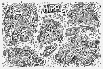 Line art set of hippie objects 