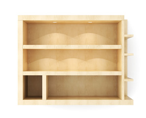 Blank wooden wall shelf with lighting isolated on white background. 3d rendering.