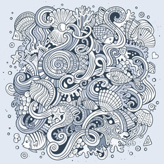 Fototapeta premium Cartoon hand-drawn doodles Underwater life illustration