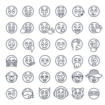 Smiley face thin lines flat vector icons set. Emoji emoticons. Different  facial emotions and expression linear symbols. Cute ball cartoon character mood and reactions for text chat and web messenger