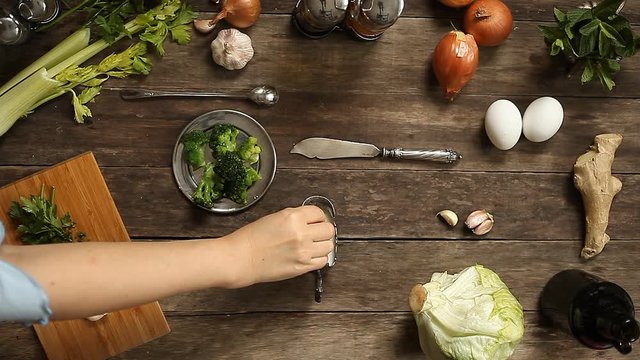 cabbage, garlic and onions on old wooden table