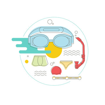 Set to swim in the pool. Summer bathing set vector illustration. Swimming in the pool flat illustration. Points for swimming.