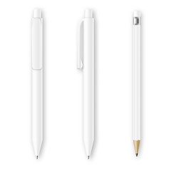 White pen and pencil vector mockups. Corporate identity and branding stationery template. Branding pen and pencl identity, office pencil and pen, design pen and pencil illustration
