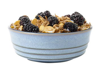 bowl of breakfast with blackberry and cereal.
