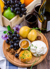Cheese platter, cheese and wine
