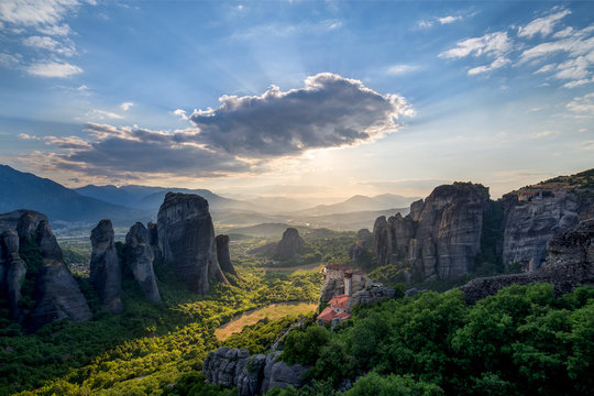 Rocks and Monasteries from the main viewpoint in Meteora, central Greece