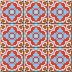 Ceramic tile pattern 337 retro red blue curve cross kaleidoscope