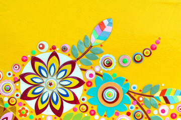 Flowers on yellow abstract surface, card or print poster composition made of paint layers, quelling with die cut and scissors, abstract background painting. 3d embossing and carving.