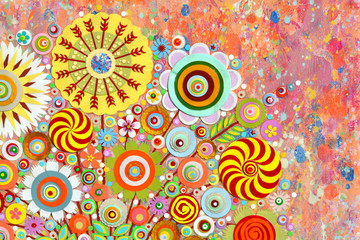 Fototapeta premium Abstract colourful art, acrylic art painting on canvas, 3d art, three, dimensional embossing and carving, Unique art technique. Highly textured artwork. Flowers.