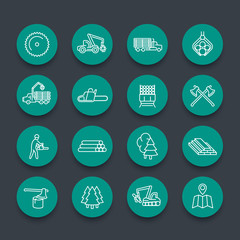 Logging, sawmill, forestry equipment line icons, logging truck, tree harvester, timber, lumberjack, wood, lumber, green round icons set, vector illustration