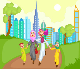 Muslim family running with kid