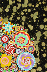 Still life art with roses and various flowers on gold background. Space for text. Gold paints splash on black. Textured gold art painting with flowers. Floral art composition in gold.